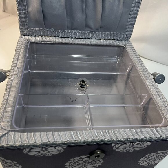 Sewing Box Basket Square Gray Pink Floral Padded Snap Closure Plastic Insert - Picture 4 of 10